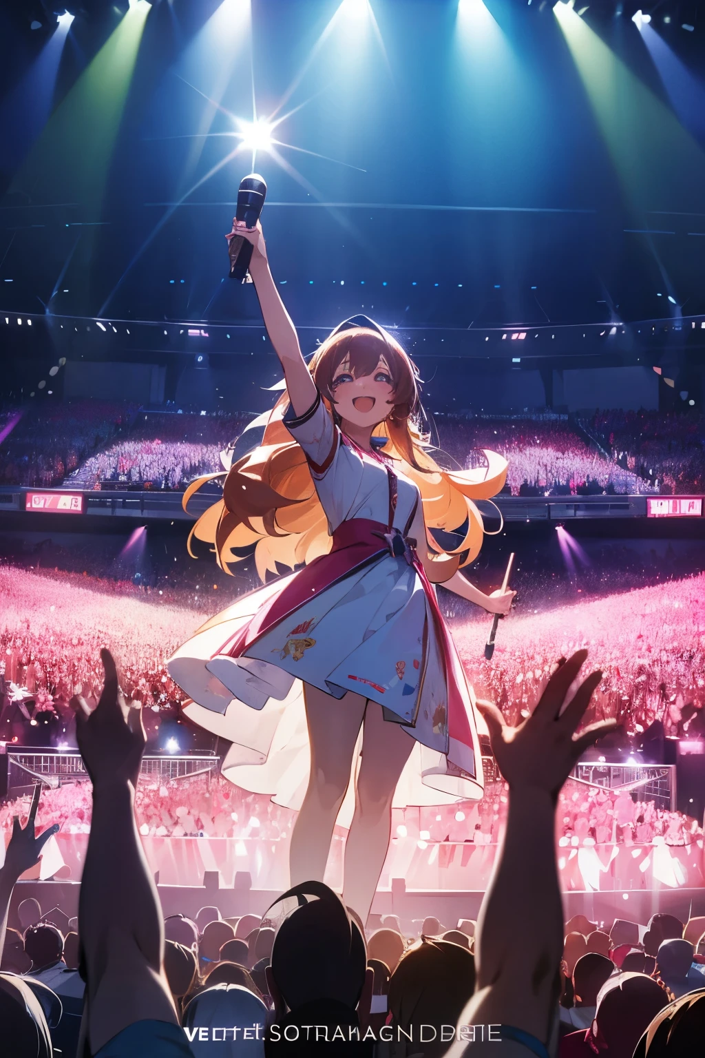 concert poster, anime concert, one female singer on stage, singer with long hair and bright smile, singer holding a microphone in hand, anime style, mountains of audience, in a big concert hall, audience holding light sticks,