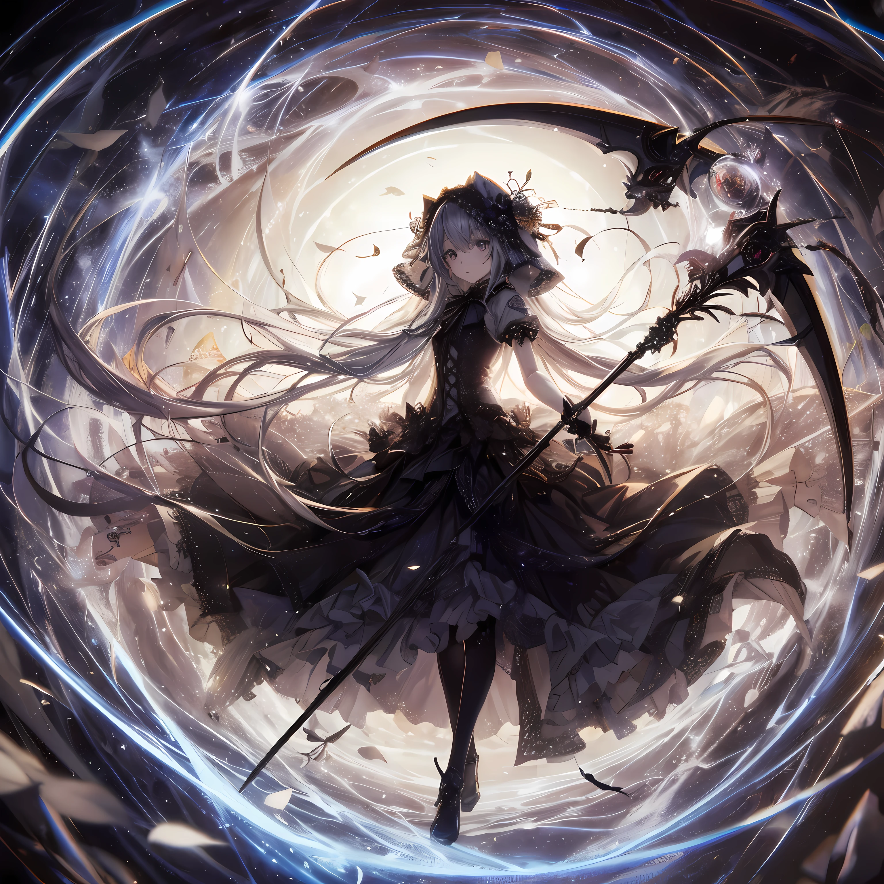 masutepiece、hight resolution、A vortex of light like a science fiction movie、Grim Reaper and Japanese Gothic ta Girl'the scythe、Delicate and accurate writing、animesque、illustratio