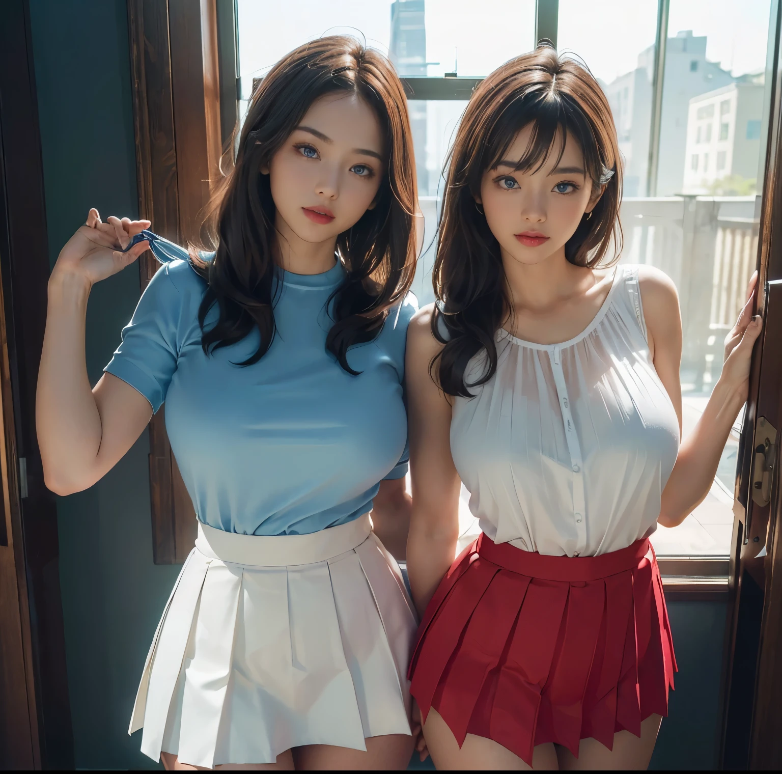 top-quality, 8K picture quality, masterpiece, (Professional lighting without shadows), (Two women standing and Show off your panties:1.2), (Perfect body and huge breasts squeezed by clothes:1.2), Bright whitening skin, (Bright and beautiful blue eyes with plump red tear bags reflect a lot of light.)、 (A tight pure white blouse that hides all of her huge breasts:1.2), Crimson Ribbon Tie, (Amazingly short micro mini pleated skirt), (Do not expose upper body skin:1.3), (Show off your beautiful thighs and ultra-slim waist from the front), (above the knee while standing), Huge breasts compressed by clothes, (Show off your panties:1.3), Two good friends, garter, school girl uniform