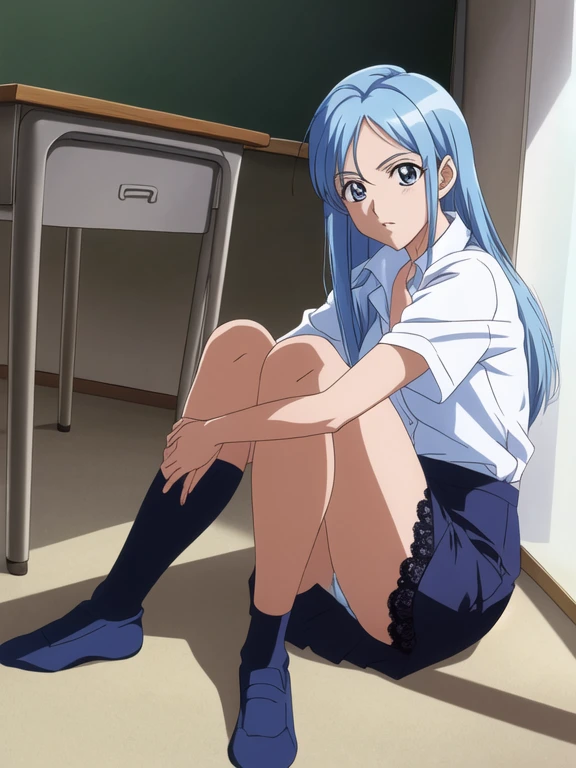 Best Quality, masutepiece, 超A high resolution, (Photorealistic: )2D official style cel animation Pretty Cure Wind Sit up Unbutton your shirt open one's legs pencil skirt girl Classroom Tennis Wear Light blue lace bra Light blue lace panties Longhaire Straight hair knee sox lowfers low angles