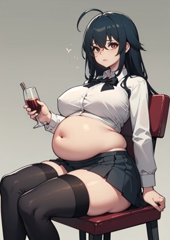 (masterpiece, best quality), 1girls, big belly, blurry background, huge belly, art by kipteitei, round belly, chubby, curvy, white button-up shirt, skirt, thighhighs, simple_background, gradient_background, belly bursting out of shirt, belly grab, enormous belly, fat belly, thicc, bigger belly, sitting on chair, really big belly, jiggly belly, shirt covering belly, belly cover by shirt