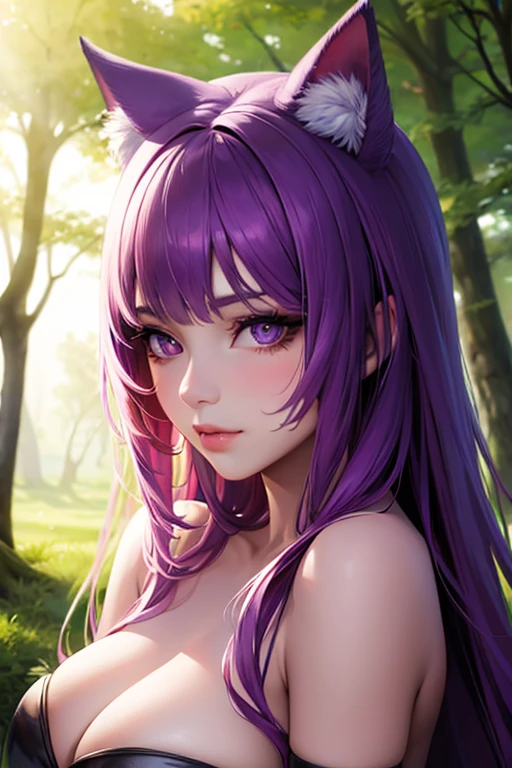 (highres:1.2),ultra-detailed,(realistic:1.37),1girl,beautiful detailed eyes,beautiful detailed lips,extremely detailed eyes and face,longeyelashes,purple hair,cat ears,cat tail,heat cat's eyes,adorable facial expression,looking at viewer,artificial fur texture,soft and fluffy,shiny glossy hair,silky smooth skin,pink blush on cheeks,stunning purple eyes,confident pose,playful aura,fantasy background,enchanted forest,soft sunlight streaming through trees,magic floating particles,peaceful atmosphere,vibrant colors,captivating artwork,hint of mystery and intrigue