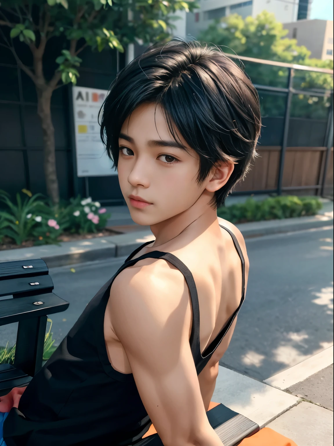 boy sitting on a bench, Black tank top, potrait, young boy, teenage boy,  Japanese boy, by Abidin Dino, Seen from the side, Close-up shoulder, profile shot, realism artstyle, cute boy, realism art, panting, ismail, male teenager, reyyan, portrait picture, profile pic, protrait
