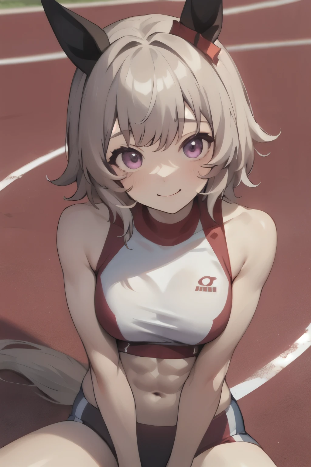 curren chan\(umamusume\), ((ultra-detailed face)), symmetrical face, beautiful face, masterpiece, best quality, muscular, rikujou, athletics track, horse tail, abs, smile, hands between legs
