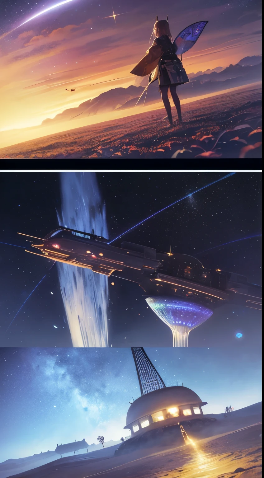 Sulamith Wülfing, Tim White, Surreal, mysterious, strange, fantastical, fantasy, Sci-fi, Japanese anime, night physics, the art of seeing forgotten dreams, the workings of the universe, the night of a meteor shower, butterflies crossing the galaxy, the range of the trolley problem, detailed masterpiece
