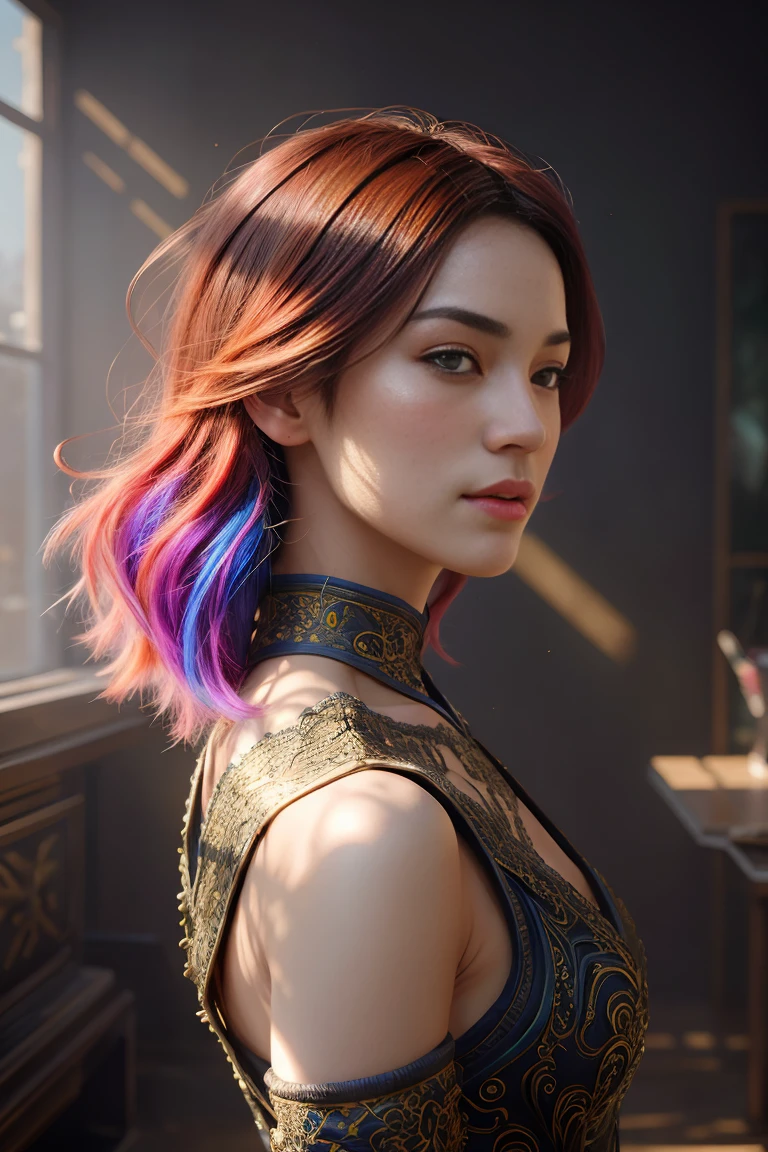 beautiful (zxzxberna), intricate colorful hair with , sunlight, beautiful lighting, vibrant lighting, intricate, highly detailed, elegant, smooth, by Ruan Jia and Artgerm and Anton Fadeev,