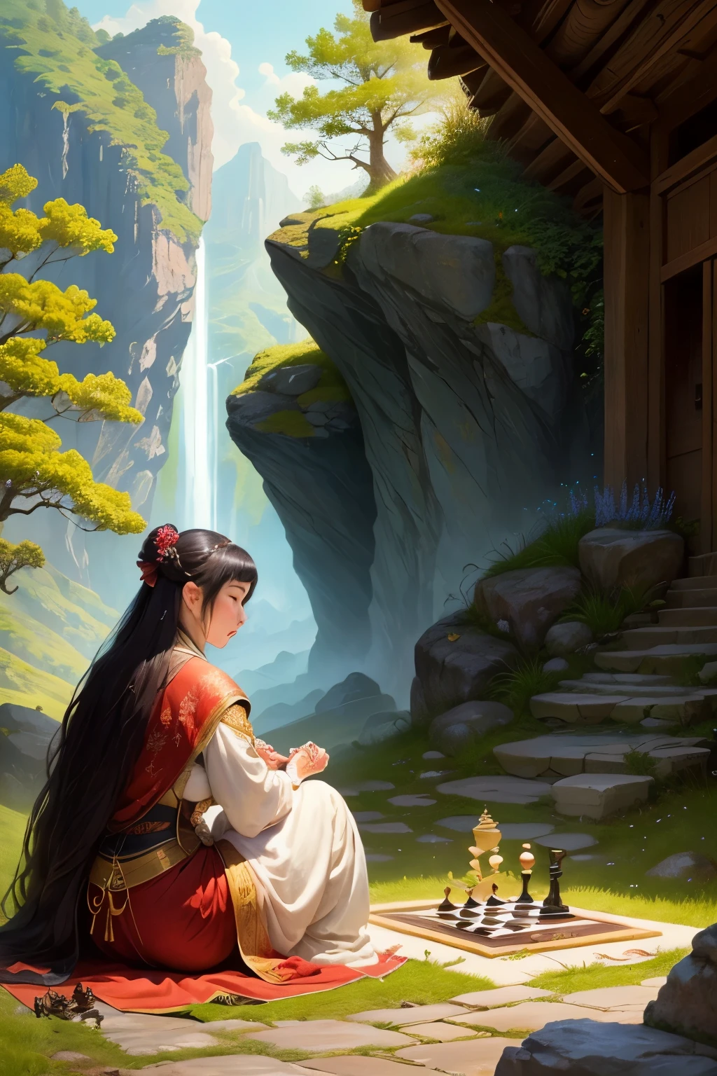 Ancient style scene. Two women dressed in ancient style play chess on a stone in front of a rockery.。there are some plants,some rockeries。A couple of birds。