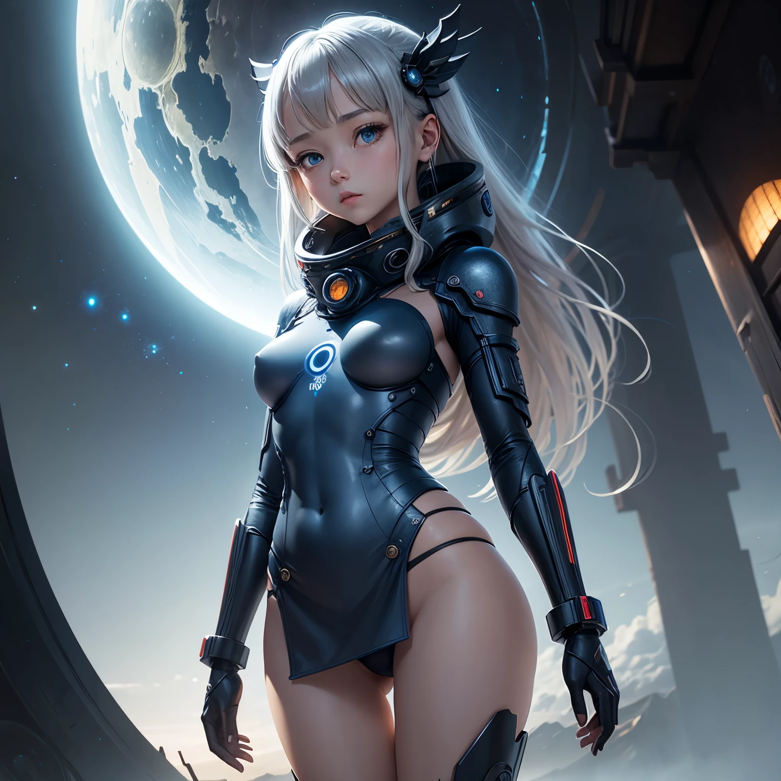 Thomas Crane, Shōzō Fukazawa, Surreal, mysterious, strange, fantastical, fantasy, Sci-fi fantasy, anime, topology of dawn, space blueprint, blue planet and silver moon, perspective and perspective, eyes for seeing things, miniskirt beautiful girl, perfect voluminous body, detailed mas