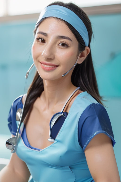 top quality, masterpiece, 16K, best aesthetic, (finely detailed, photorealistic:1.2), RAW photography, ((correct anatomy:1.3)), 1 girl, Japanese woman, solo, ((from front view, cowboy shot, looking at viewer:1.4)), (medical staff:1.5), (radiographer:1.1), black hair, (long hair, ponytail:1.4), (fairly detailed skin, fairly detailed eyes, dark eyes:1.5), ((narrow eyes:1.4)), detailed nose, detailed lips, (light smile:1.3), (28 years old:1.1), (looks younger than real age:1.3), ((petit, slender:1.5)), ((beautiful breast:1.3)), ((blue scrub, shot sleeves:1.5))