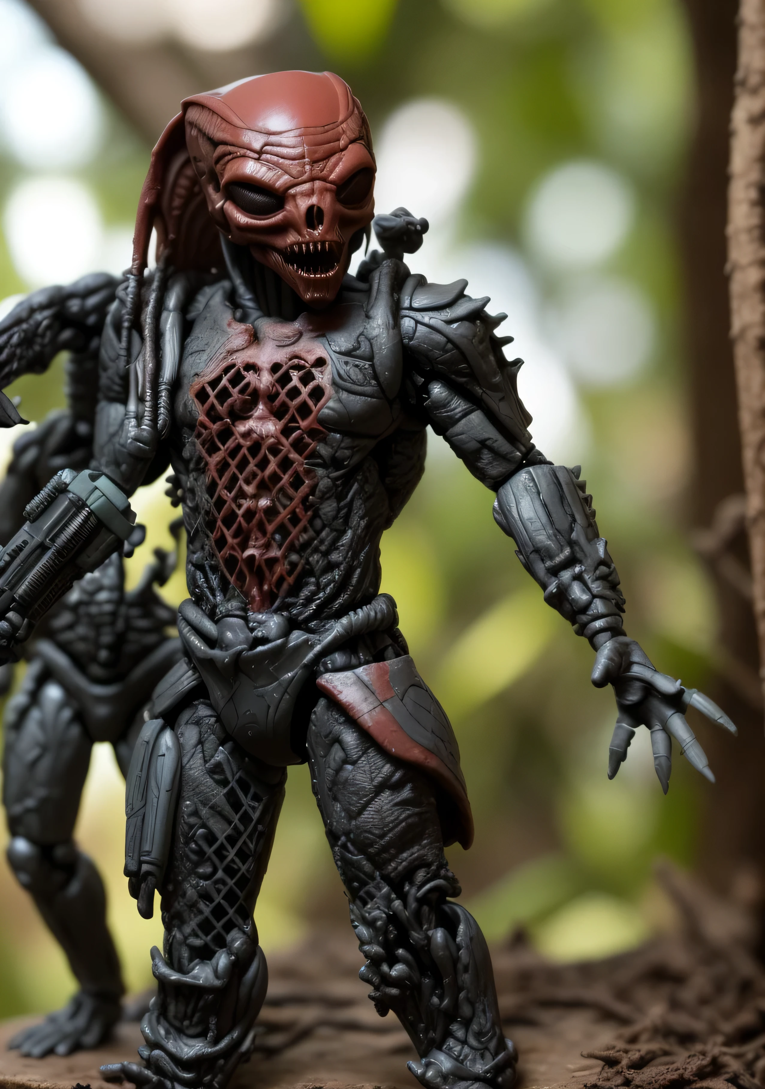 a close up of a toy predador figure on a table, predador 2, predador alien, apex predador, predador, the predador, corpo detalhado completo, alien vs predador, from the movie predador 1987, predador film, closeup extremo de corpo inteiro, horror!! altamente detalhado, AVP, muito muito ultradetalhado, altamente detalhado toy, predador movie, fundo de floresta, floresta, brazi, brinquedos quentes
