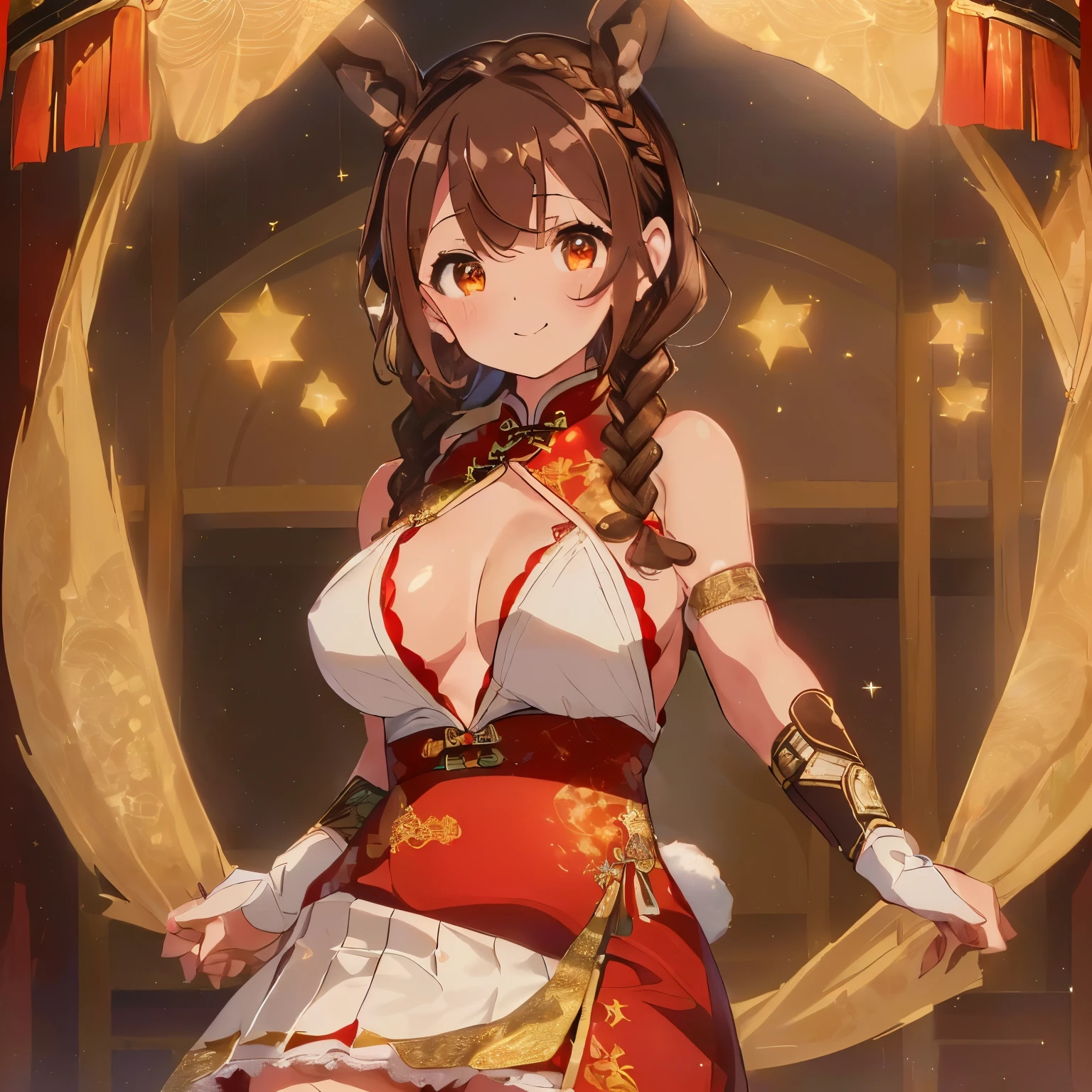 (Brown hair:1.5),(Braided shorthair:1.55),(Brown eyes:1.5),(With bangs),Slight red tide,(Usamimi:1.7),(Chinese dress with a diamond-shaped opening on the chest 1.5),(lace arm warmers:1.5),(white and red and gold:1.5),(Rabbit tail:1.25),(active movement:1.2),(),(Atmosphere of the Chinese dynasty era:1.25),I'm looking at you with a gentle smile,(The inside of your eyes are shining like stars:1.5),(A gorgeous oversized fan in your hand:1.35),(fan size:2.0),(Luxury decoration on a fan:1.5),(Eye size:1.65),(nsfw:1.2)