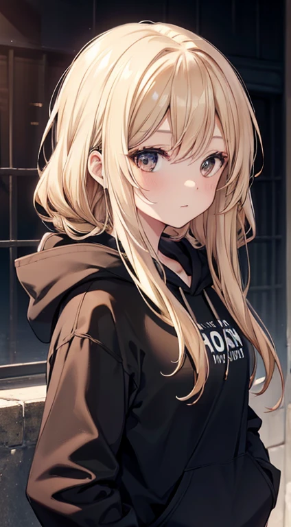 A Beautiful Young Woman with sun dappled skin Dirty Blonde hair and Deep Brown eyes wearing a black hoodie