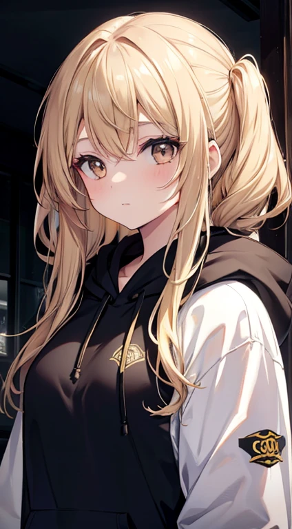 A Beautiful Young Woman with sun dappled skin Dirty Blonde hair and Deep Brown eyes wearing a black hoodie