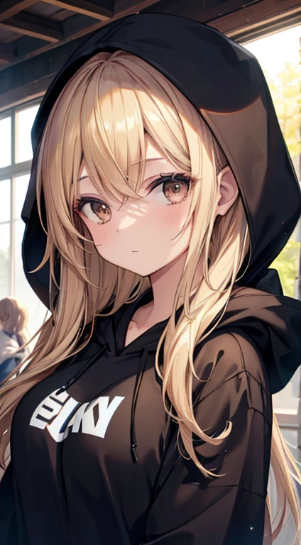A Beautiful Young Woman with sun dappled skin Dirty Blonde hair and Deep Brown eyes wearing a black hoodie