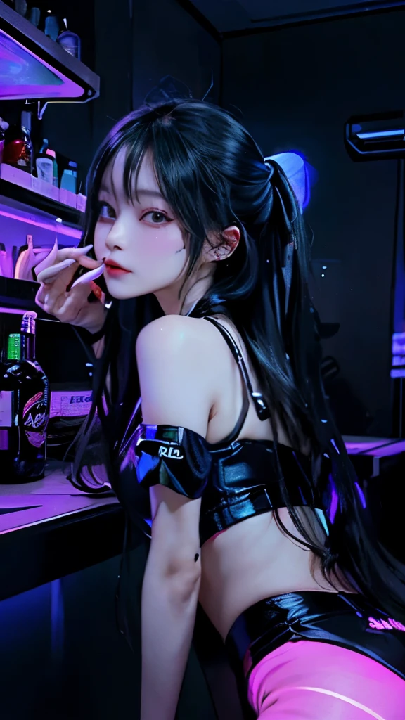 from side view、Perfect human body、Mine makeup girl、(((Black straight long hair)))、Glowing neon lights、Girls Bar clerk、Bar clerk、Pure white bar counter、girl serving alcohol、Neon and uv black light store interior、cyber 、(((The store and shirts glow under UV black light)))、numerous piercings in the ears、very Bigger breasts、ultra gigantic tits、Large cleavage、Stick out your big, shapely butt、maikurobikini、Black leather miniskirt or shorts、A store that looks like a spaceship、Liquor bottle reflecting light、Western liquor bottles on a shelf with a faint reflection、drinking cocktail、female gaki smile、cyber vision monitor、(Oil skin, gleaming skin、realistic skin textures、Detailed beautiful skin、Shiny skin、shiny white skin)))、Random angles、crouching down、crouching down、A girl shaking her butt to provoke、Sexual