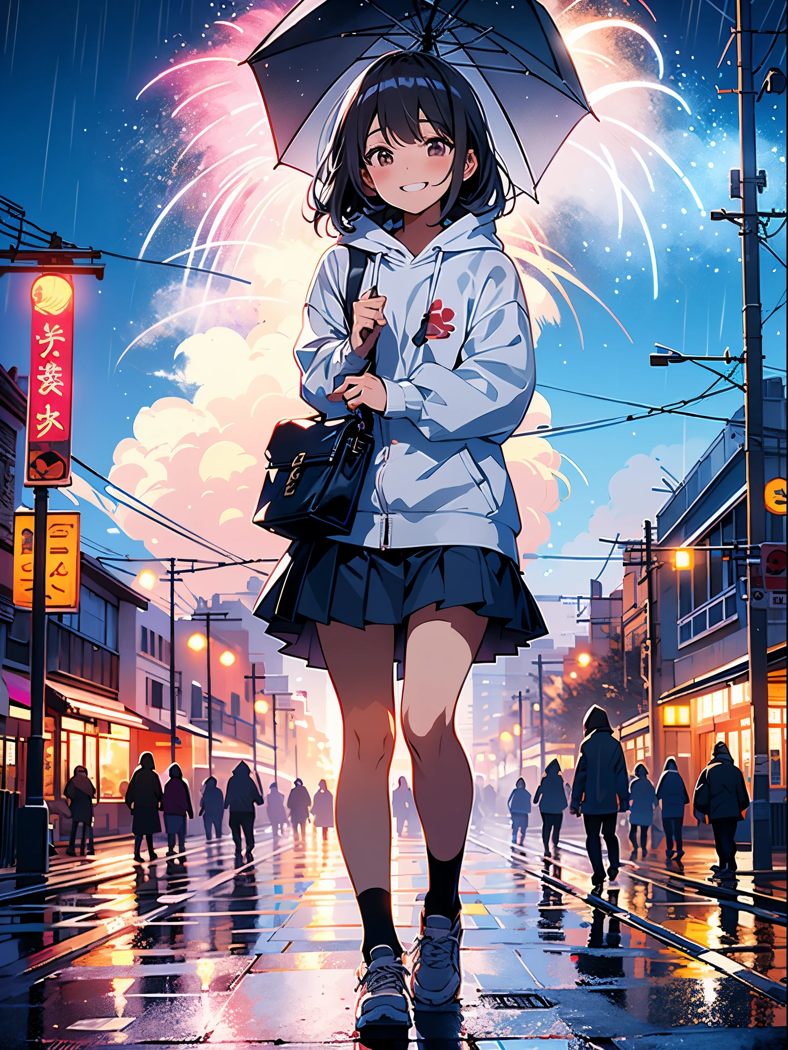 Anime girl walking down a street with an umbrella in the rain - SeaArt AI