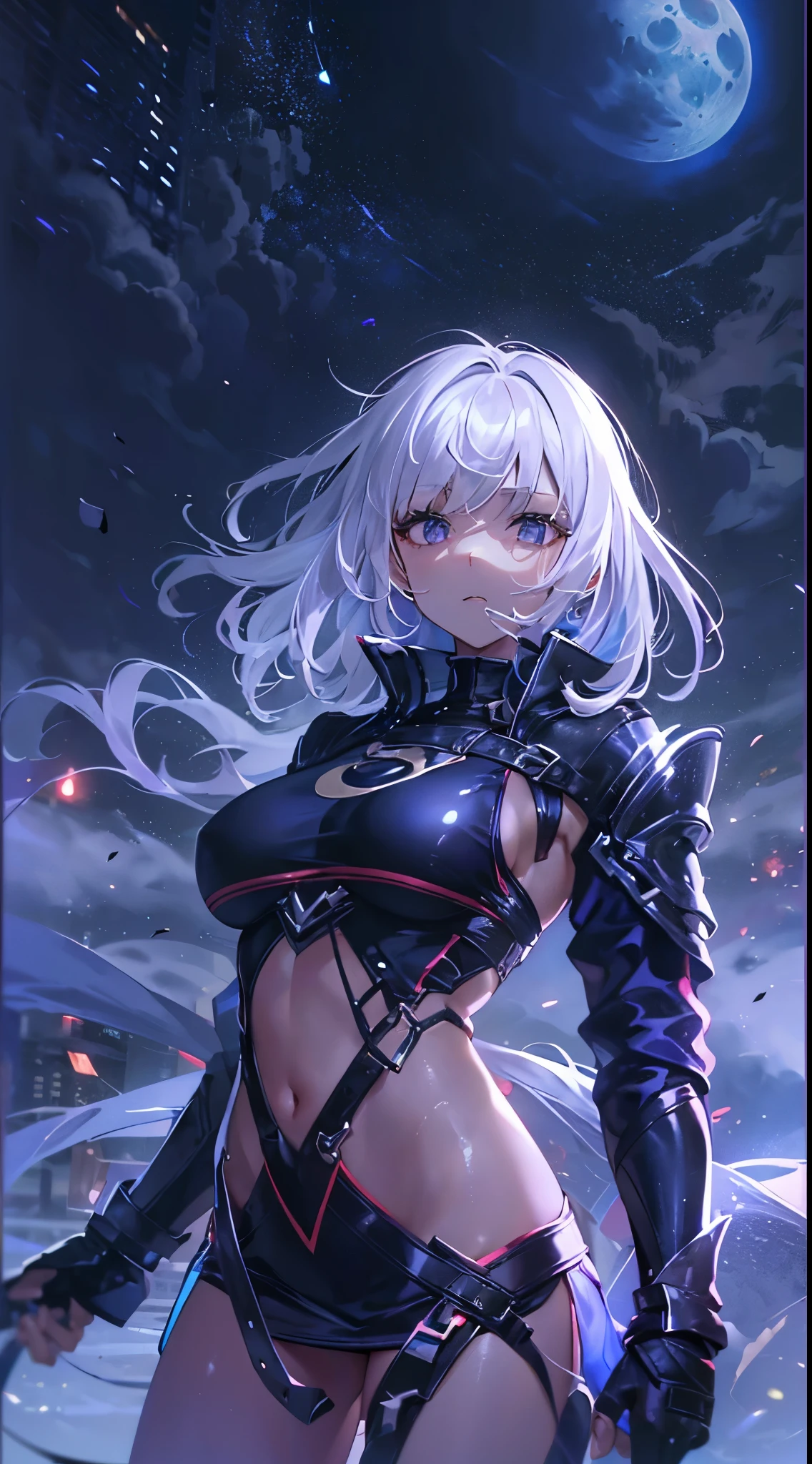 Girl,white hair,short and messy hair, blue eyes, Holding a chain whip, red , living room background.HD lighting and dark )(epic image quality) dark atmosphere with bright particle light(many effects in background)