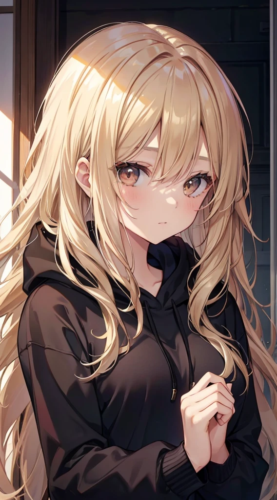 A Beautiful Young Woman with sun dappled skin Dirty Blonde hair and Deep Brown eyes wearing a black hoodie