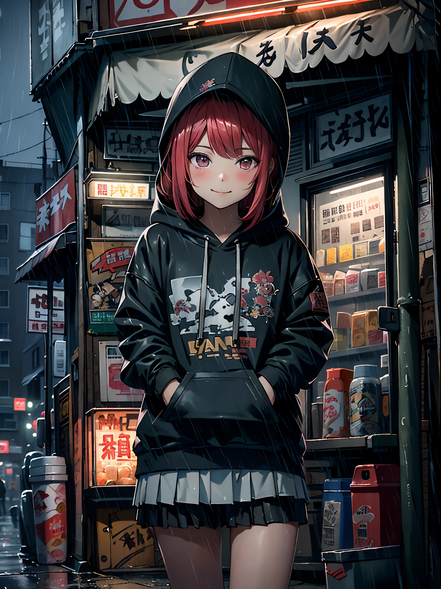 (tmasterpiece,Best quality:1.3),extremly high detail,复杂,8K,Alone,ssmile,Wallpapers,电影灯光,dark photography,hoody, Short pleated skirt, corner store,bright street lights, luring,Dark clouds,heavy rain poured, neonlight