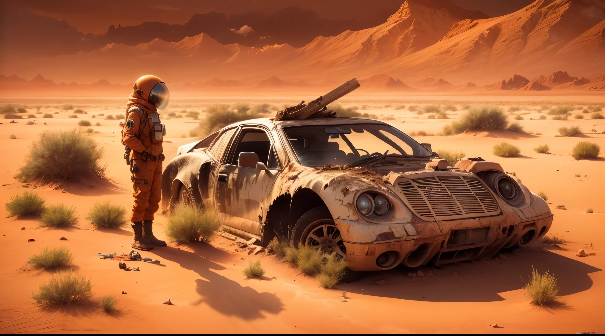 (best quality,4k,8k,highres,masterpiece:1.2),ultra-detailed,(realistic,photorealistic,photo-realistic:1.37),2 survivors (man and woman),desert, cinematic environment,standing next to a wrecked car,looking at a huge wrecked plane in the distance,red Martian soil, dry and dusty atmosphere,unforgiving Martian landscape,sun setting on the horizon, casting long shadows,wide expanse of barren land,stark and desolate surroundings,signs of decay and abandonment,heavy air of solitude and isolation,remnants of human civilization,overgrown vegetation reclaiming the land,long-abandoned buildings crumbling in the distance,dust particles floating in the air,temporary shelter made from salvaged materials,scorching sun beating down on them,weary expressions mixed with determination on their faces,worn-out clothes,tools and supplies scattered around them,survival suits protecting them from the harsh environment,distant view of a futuristic Martian city, empty and silent,profound sense of loneliness and longing,red-orange hues dominating the color palette,dramatic lighting, casting deep shadows,ailing sounds of wind blowing through the desert,echoes of silence enveloping the scene,unfathomable vastness of Mars, feeling small and insignificant in the grand scheme of things.