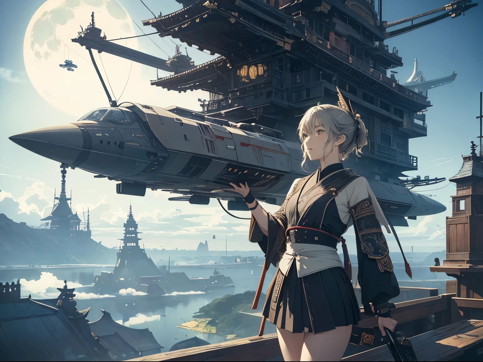 Okamoto Ippei, Arthur Rackham, Surreal, mysterious, bizarre, fantastical, fantasy, Sci-fi, Japanese anime, woodworking, spaceship, do-it-yourself, inventive, miniskirt beautiful girl, perfect body, heading for the moon, blue sky, white clouds, detailed masterpiece