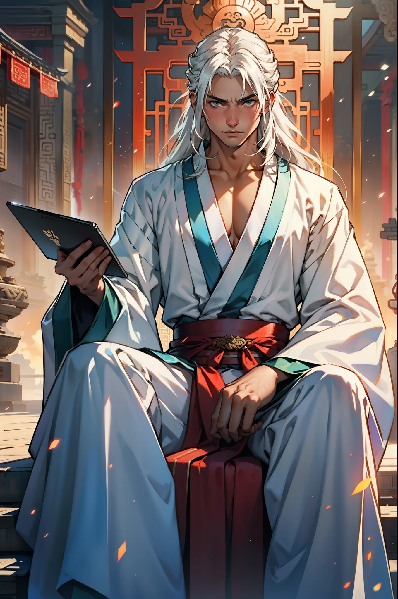 17. (1人) Boy with (((White hair))), (((White Hanfu youth))), big breasts and big breasts (((long White hair))) sitting on the sacred throne, There was a hint of mockery in his eyes, as if ridiculing innocence big breasts and big breasts naivety. (Background with: A magnificent ancient Chinese imperial palace),(holding an ipad in hand,Transparent holographic projection)