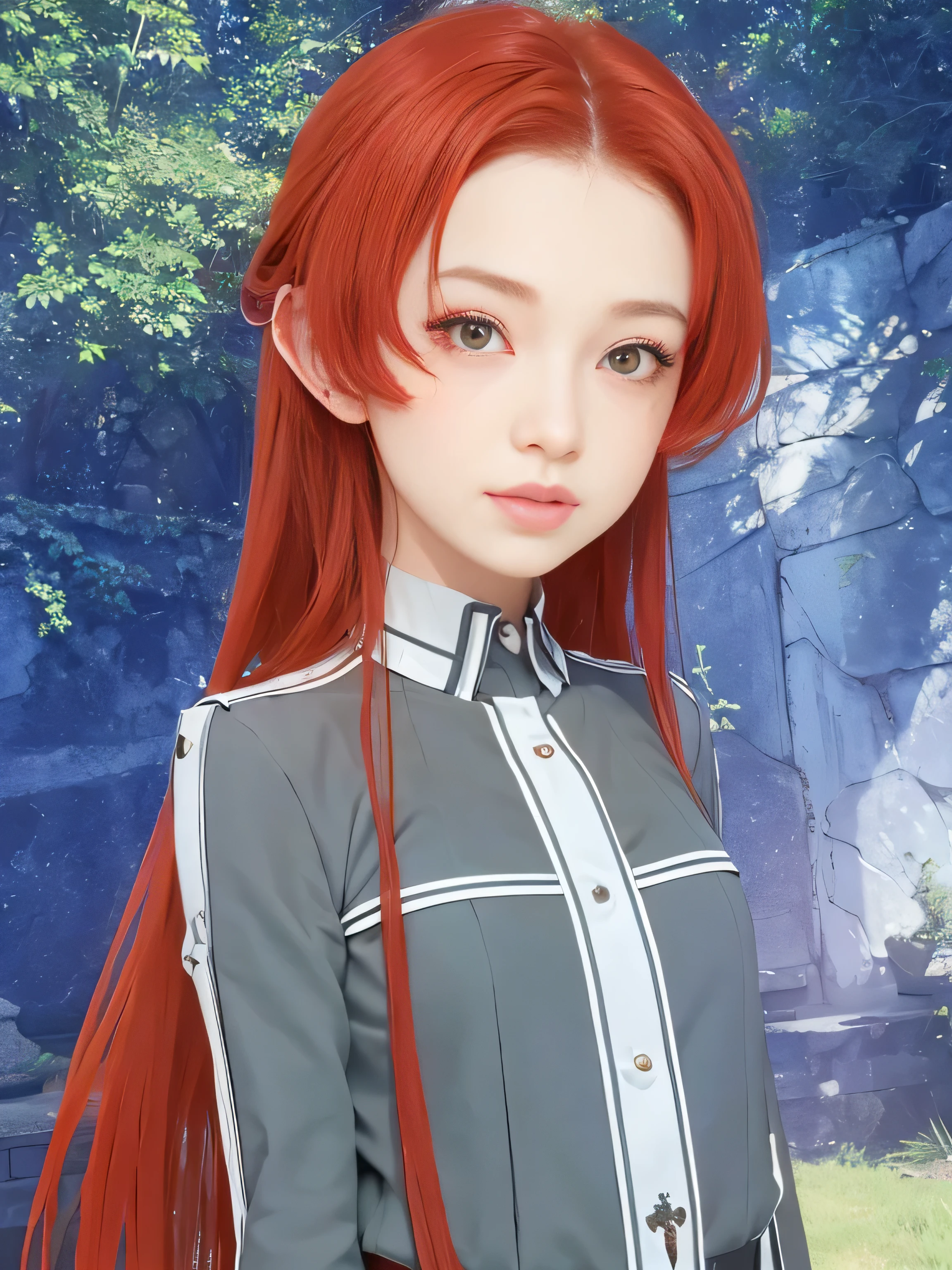 masterpiece, best quality, (realistic, photo-realistic:1.4), (RAW photo:1.2), extremely detailed CG unity 8k wallpaper, delicate and beautiful, amazing,finely detail, official art, absurdres, incredibly absurdres, huge filesize, ultra-detailed,extremely detailed eyes and face, light on face,little smile,potrait,red hair,very long hair,garden,red eyes,garden