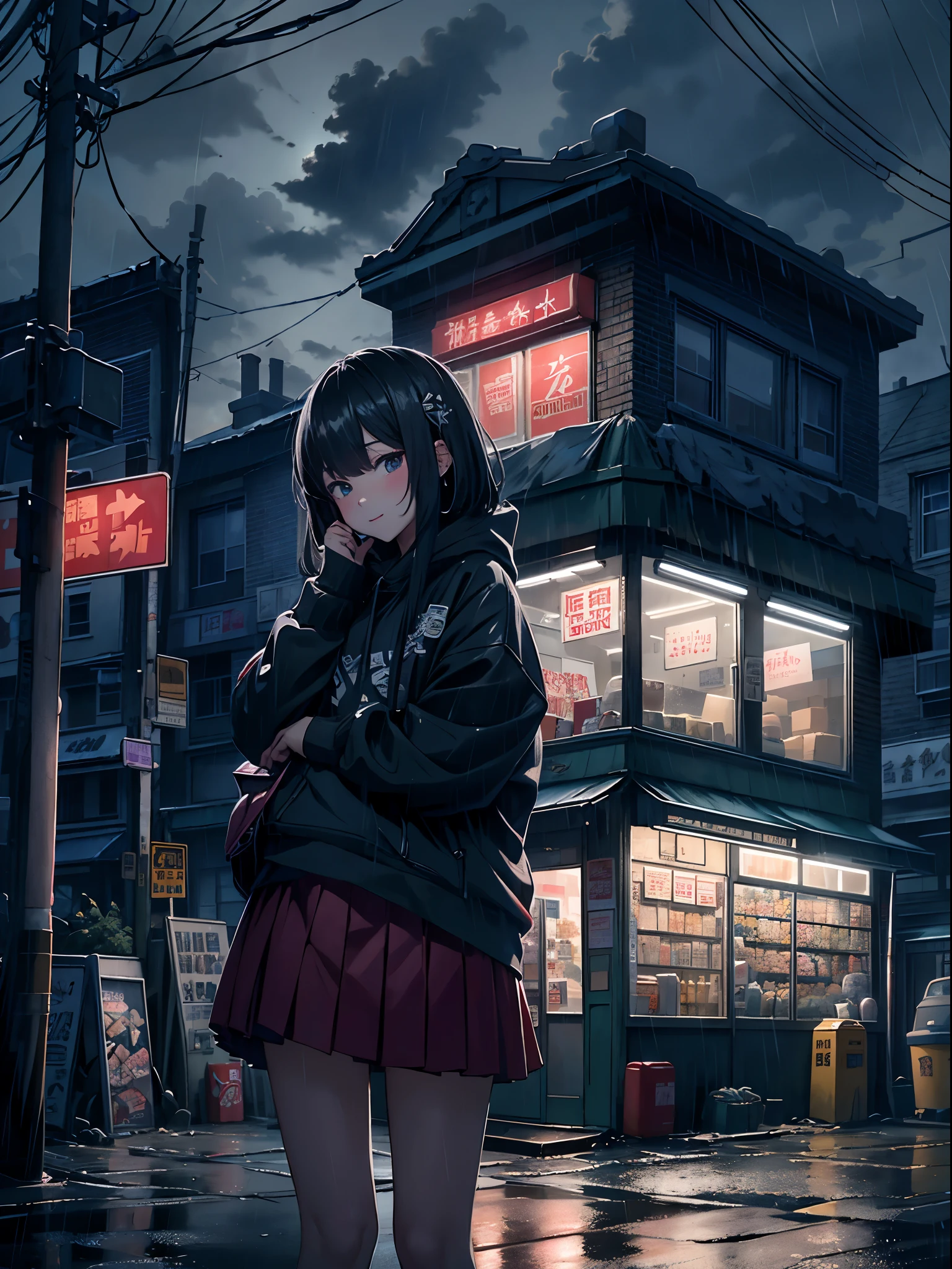 (tmasterpiece,Best quality:1.3),extremly high detail,复杂,8K,Alone,ssmile,Wallpapers,电影灯光,dark photography,hoody, Short pleated skirt, corner store,bright street lights, luring,Dark clouds,heavy rain poured, neonlight