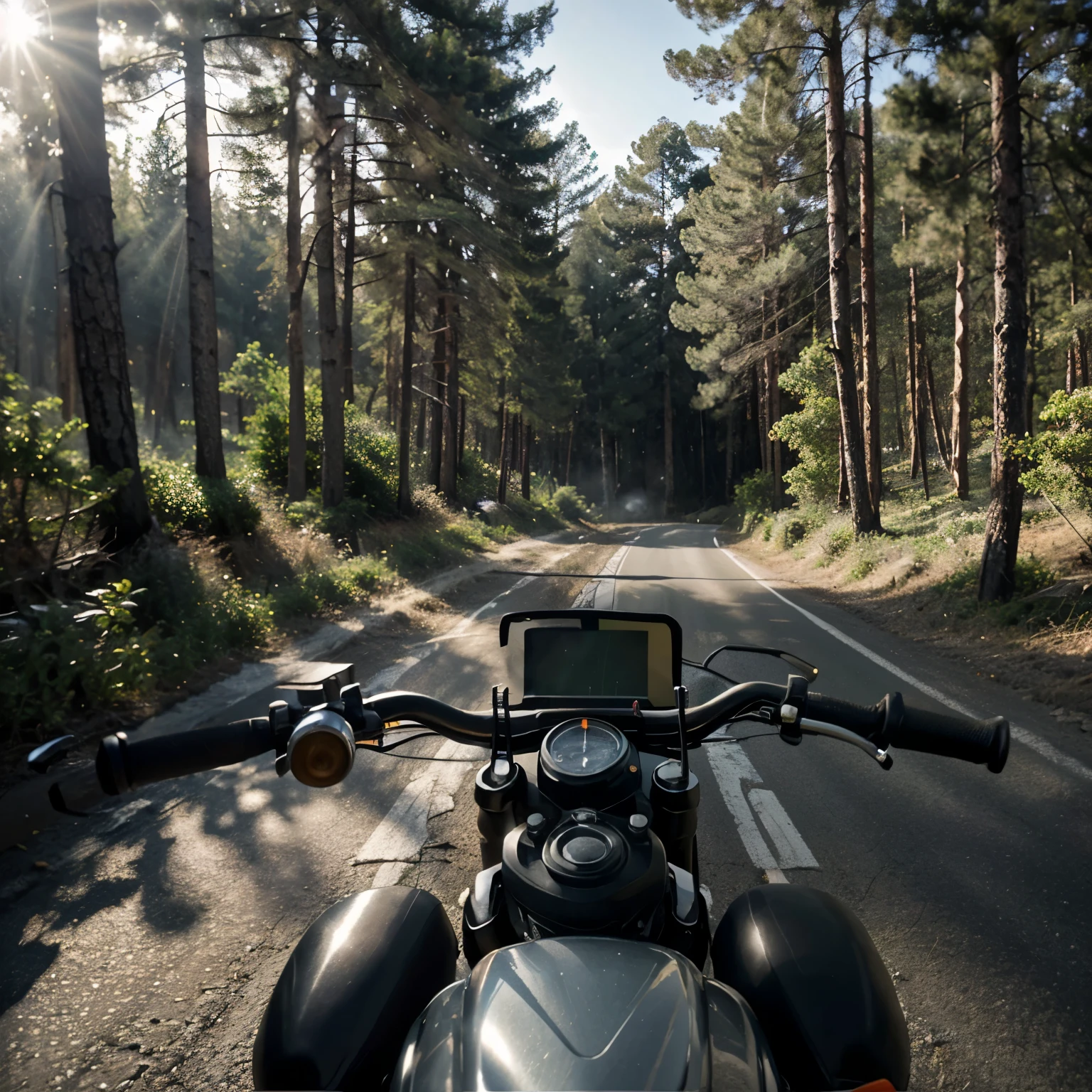 view from the motorbike handlebars ,realistic ,ultra detail ,in the middle of the road between the pine forests where there is sunlight penetrating between the gaps in the morning and there is a little mist between the pine forests, ultra detail, HD resolution