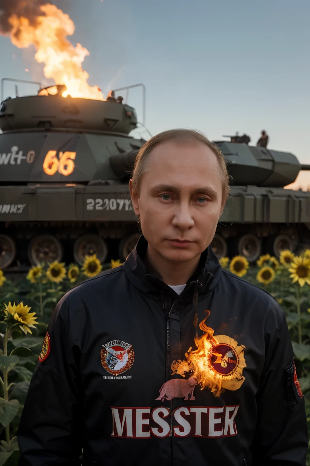 Vladimir Putin, ((best quality)), ((Meisterwerk)), (Detailliert), in front of a burning sign with the number 666, at a sunflower field under a blue sky, glowing red eyes, smoking Russian tank in the background surrounded by a group of Russian soldiers with human bodies and pig heads