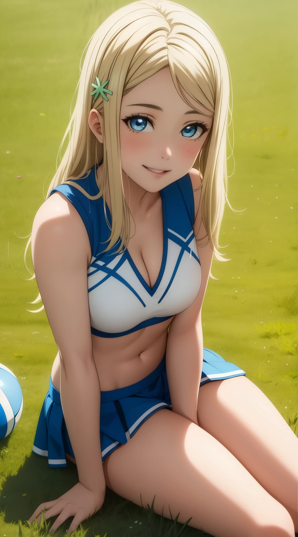 masterpiece, best quality, highly detailed, ultra high res, ayase arisa, 1girl, solo, blue eyes, hair ornament, blonde hair, long hair, looking at viewer, glossy lips, light smile, cheerleader, midriff, cleavage, grass, sitting, (knees bent)