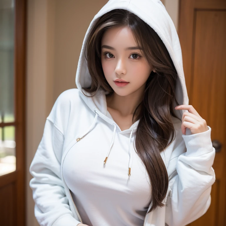 A girl, beautiful, long brown hair, wearing a white hoodie, sexy, big breasts, Masterpiece, HD, 16K,