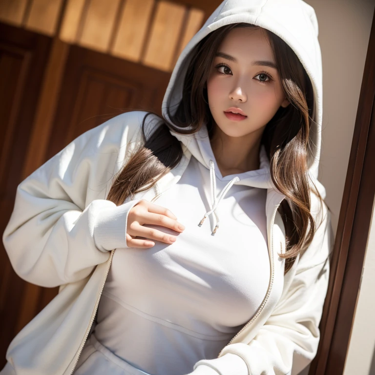 A girl, beautiful, long brown hair, wearing a white hoodie, sexy, big breasts, Masterpiece, HD, 16K,