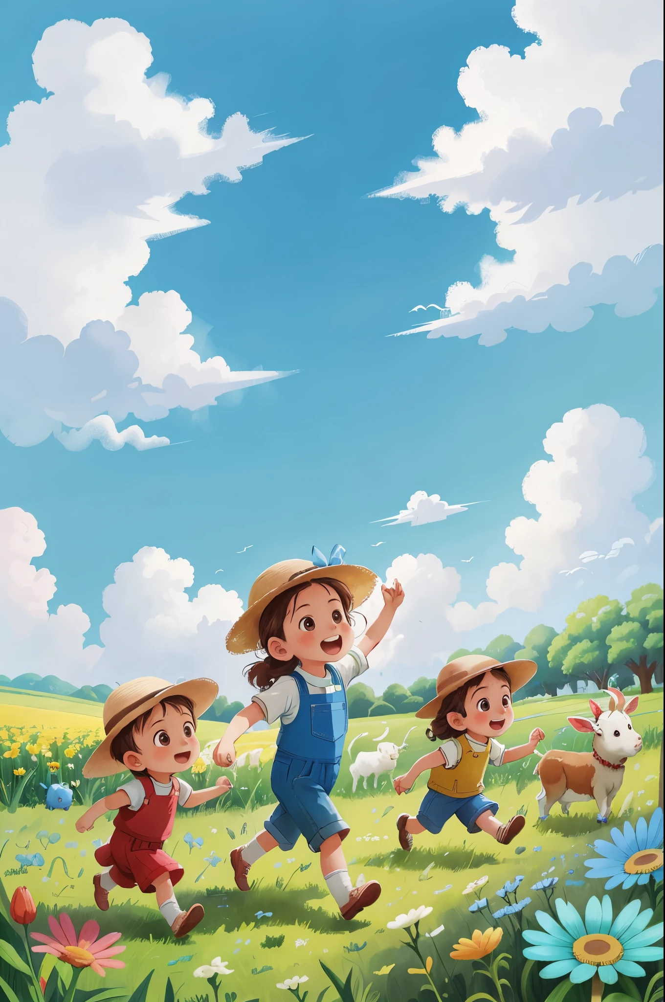 farmteriors,springtime,with blue sky and white clouds,Several children are running and playing,Cheerful and warm picture,farms里有牛,pecora,colorful flower,rich colours,Lens photography,Capture dynamic shots of kids and action,Ultra-low wide angle,(tmasterpiece,Best quality at best,intricately details),