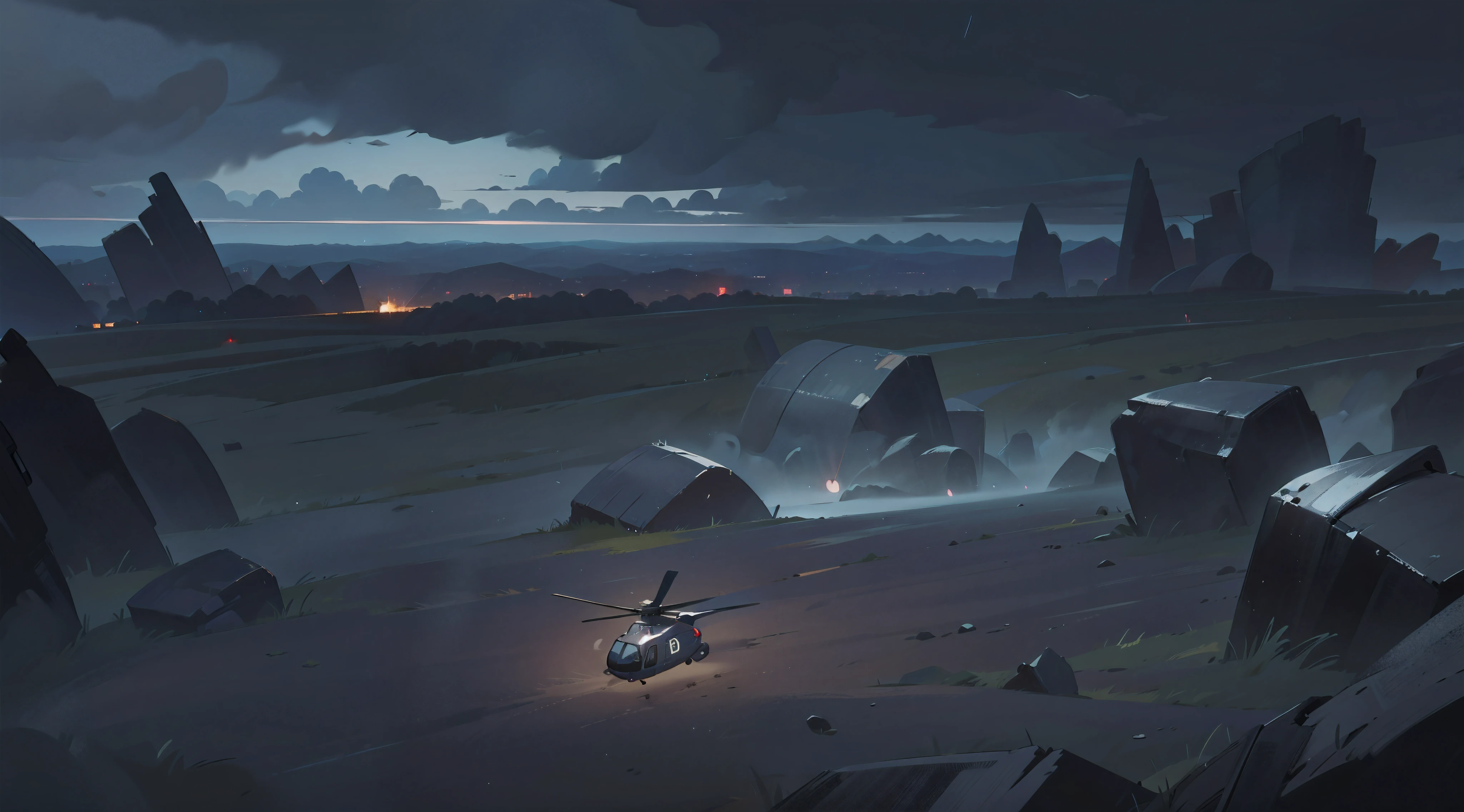 outside , very very very very wide shot , helicopter shot , details background , night , dark cloud sky , dark night ,
