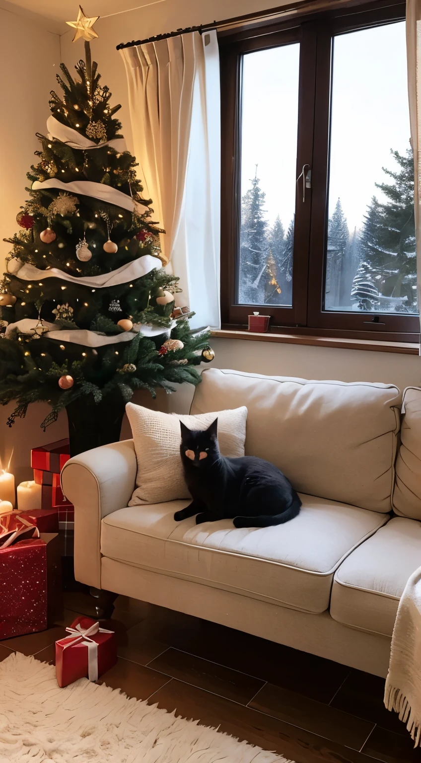 ![graphic](graphic-)
 Pitch black night，Room heating at night, Cozy fireplace by the window, There is a cat on the single sofa，Christmas tree next to sleeping, There are many gift boxes on the floor.