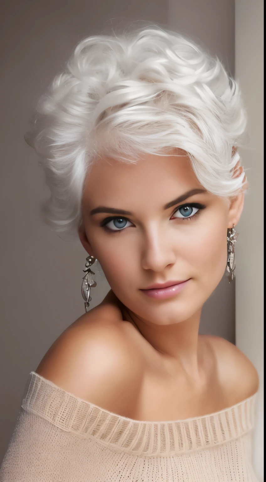 Medium Shot Shot, A beautiful woman looks at the camera, White hair, Chris Foss autumn off-the-shoulder sweater, nude, nipple