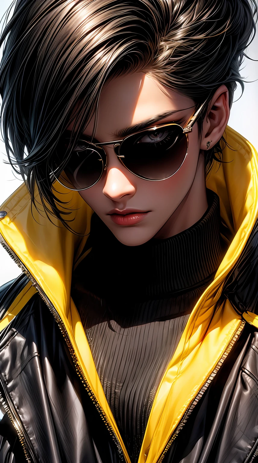 (a closeup of black model's face,asymmetrical futuristic sunglasses, detailed sunglasses design, funky yellow sunglasses, attention to sunglasses details, high-quality image:1.2), vibrant colors, sharp focus, professional studio lighting, stylish black model, trendy fashion accessory, unique and eye-catching design.