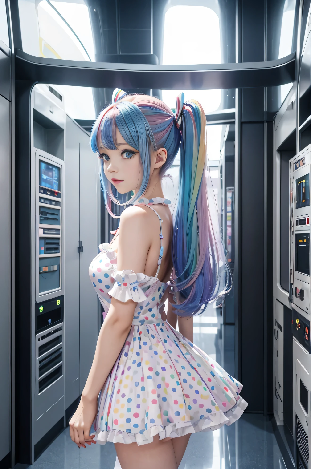 Cute redhead, gravure Idol, with rainbow colored hair tips, ribbons in her hair, 18-year-old woman, happy, in twin tails, perfect symmetrical eyes, clear sparkling blue eyes, pale skin, silky smooth skin, standing on a fancy luxurious space ship, large futuristic corridor, control panels, wood trim, decorative plants, warm lighting, wearing a futuristic party dress, pleated (chemise) mini dress (pastel rainbow colors, and polka dots), wearing full body pantyhose, cute short cut booties.