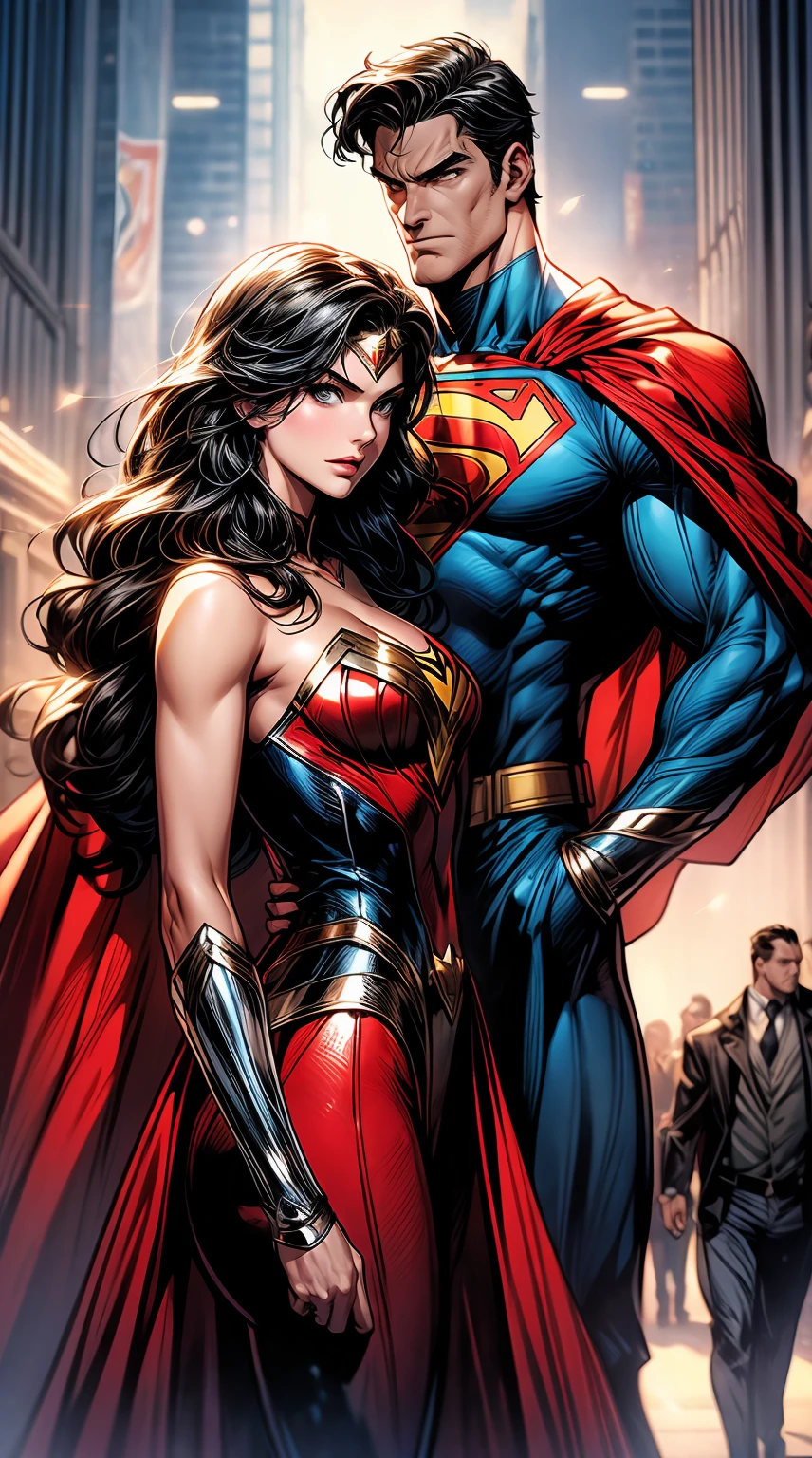 a superman and wonder woman standing next to each other, dc comics, dc comic, blu ray cover usa, comic book's cover, phil noto comicbook cover art, neal adams | centered, comic book cover art, comic book:.2, by Jim Lee, comic cover, style of dc comics, cover art of graphic novel, comic cover art