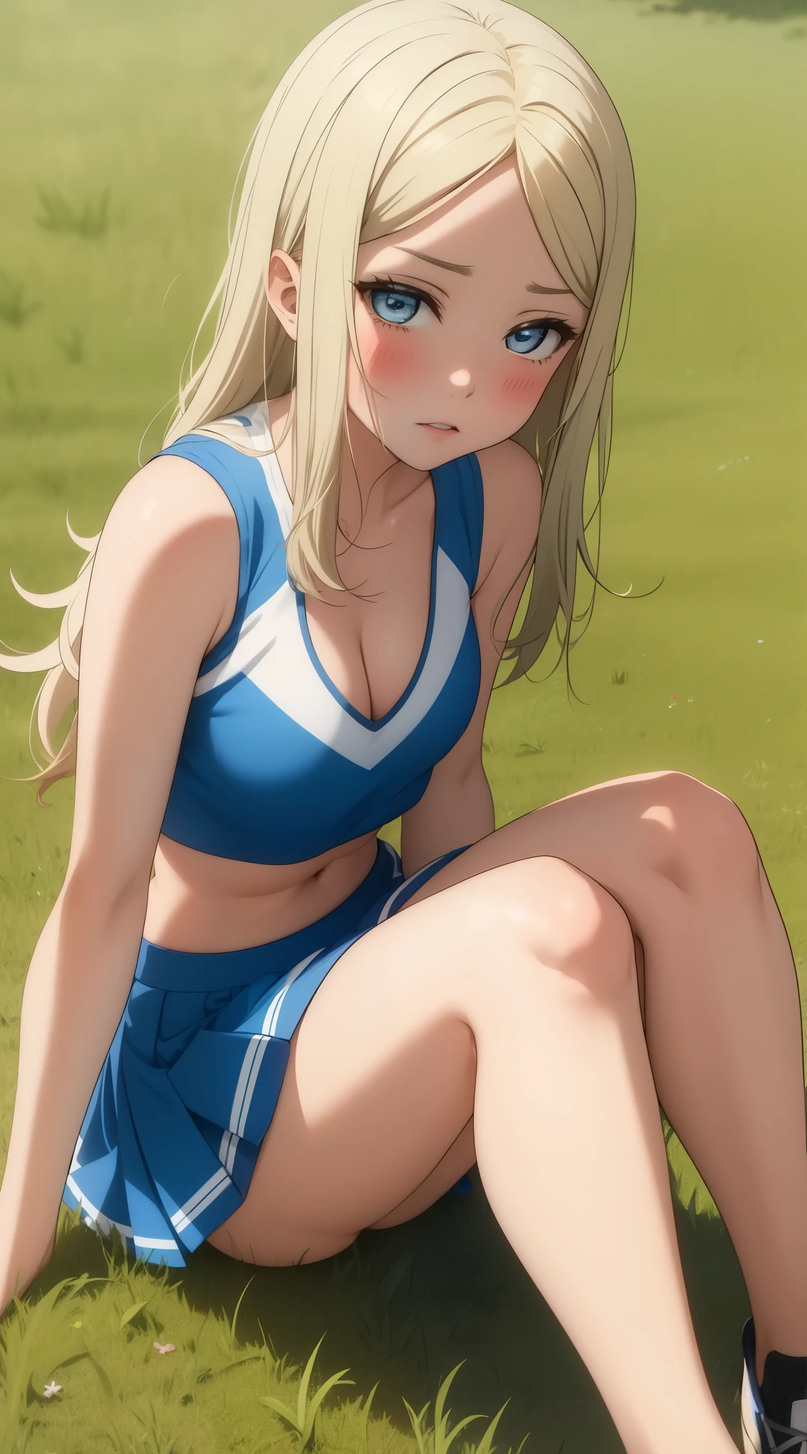 masterpiece, best quality, highly detailed, ultra high res, ayase arisa, 1girl, solo, blue eyes, hair ornament, blonde hair, long hair, blush, glossy lips, cheerleader, midriff, cleavage, grass, sitting, (knees bent:1.2)