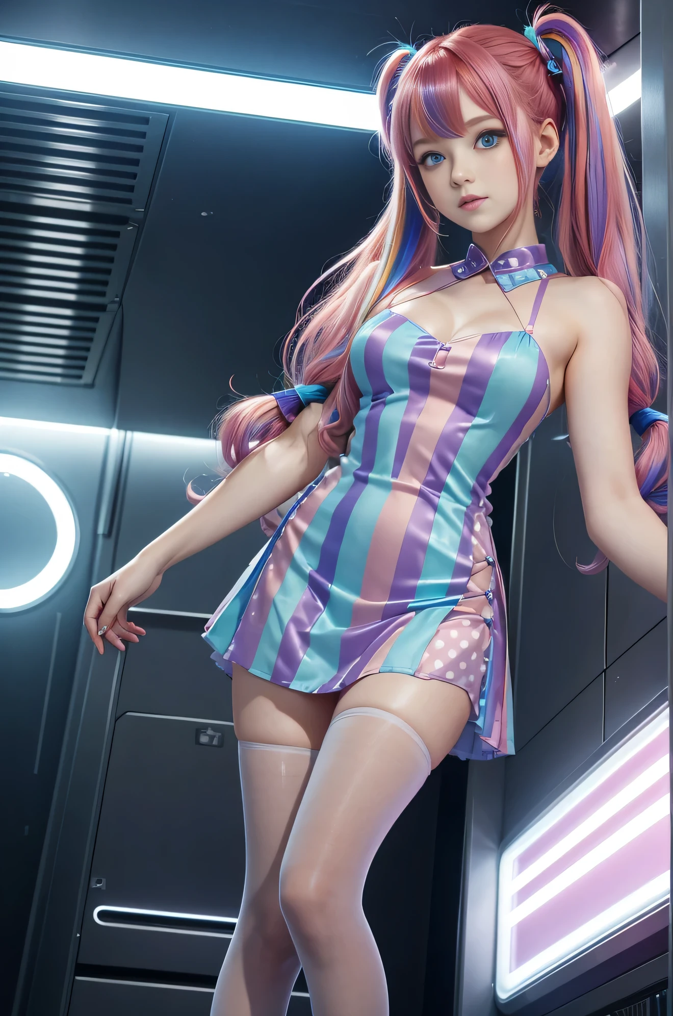 Cute redhead, gravure Idol, with rainbow colored hair tips, ribbons in her hair, 18-year-old woman, happy, in twin tails, perfect symmetrical eyes, clear sparkling blue eyes, pale skin, silky smooth skin, standing on a fancy luxurious space ship, large futuristic corridor, control panels, wood trim, decorative plants, warm lighting, wearing a futuristic party dress, pleated (chemise) mini dress (pastel rainbow colors, and polka dots), wearing full body pantyhose, cute short cut booties.