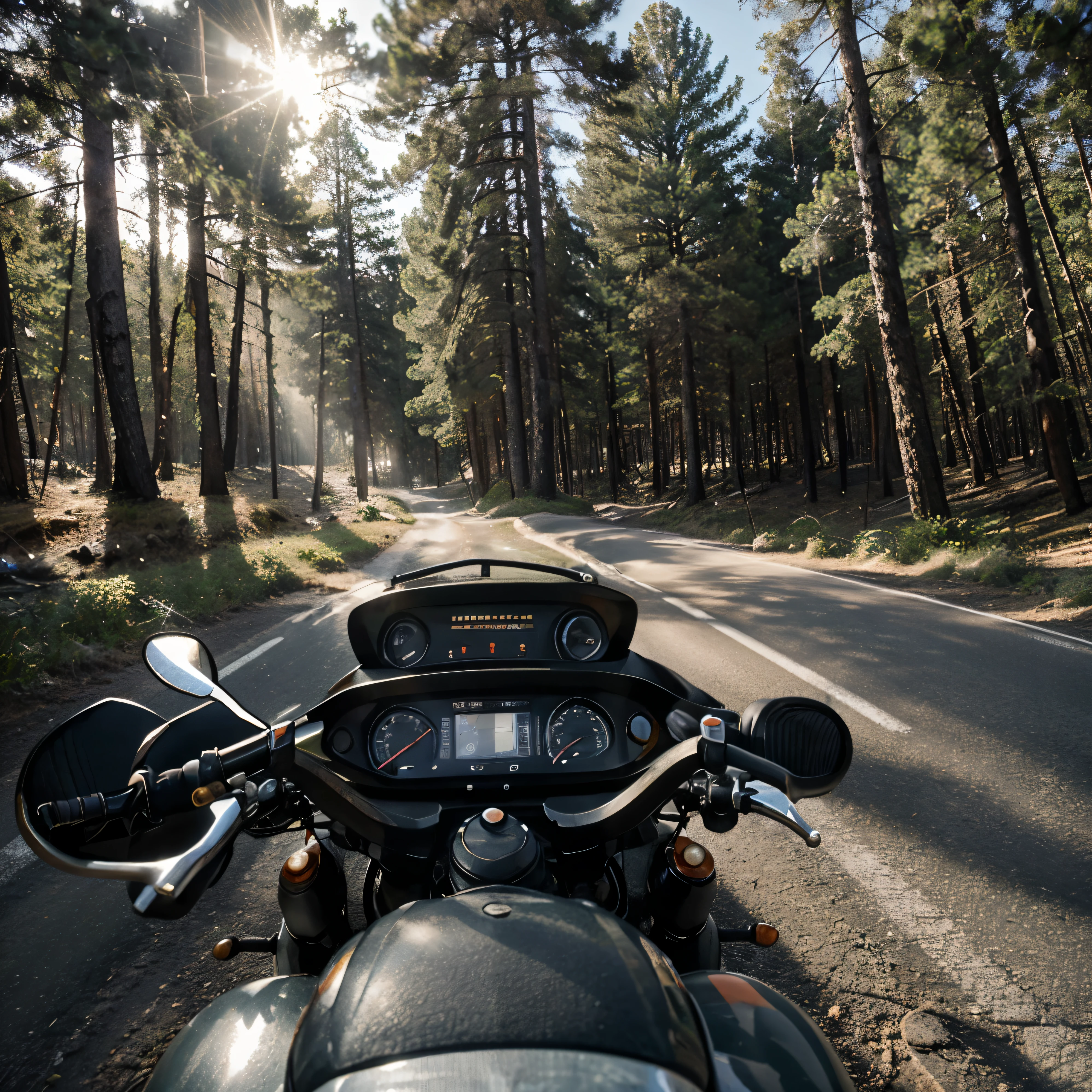 view from the motorbike handlebars ,realistic ,ultra detail ,in the middle of the road between the pine forests where there is sunlight penetrating between the gaps in the morning and there is a little mist between the pine forests, ultra detail, HD resolution