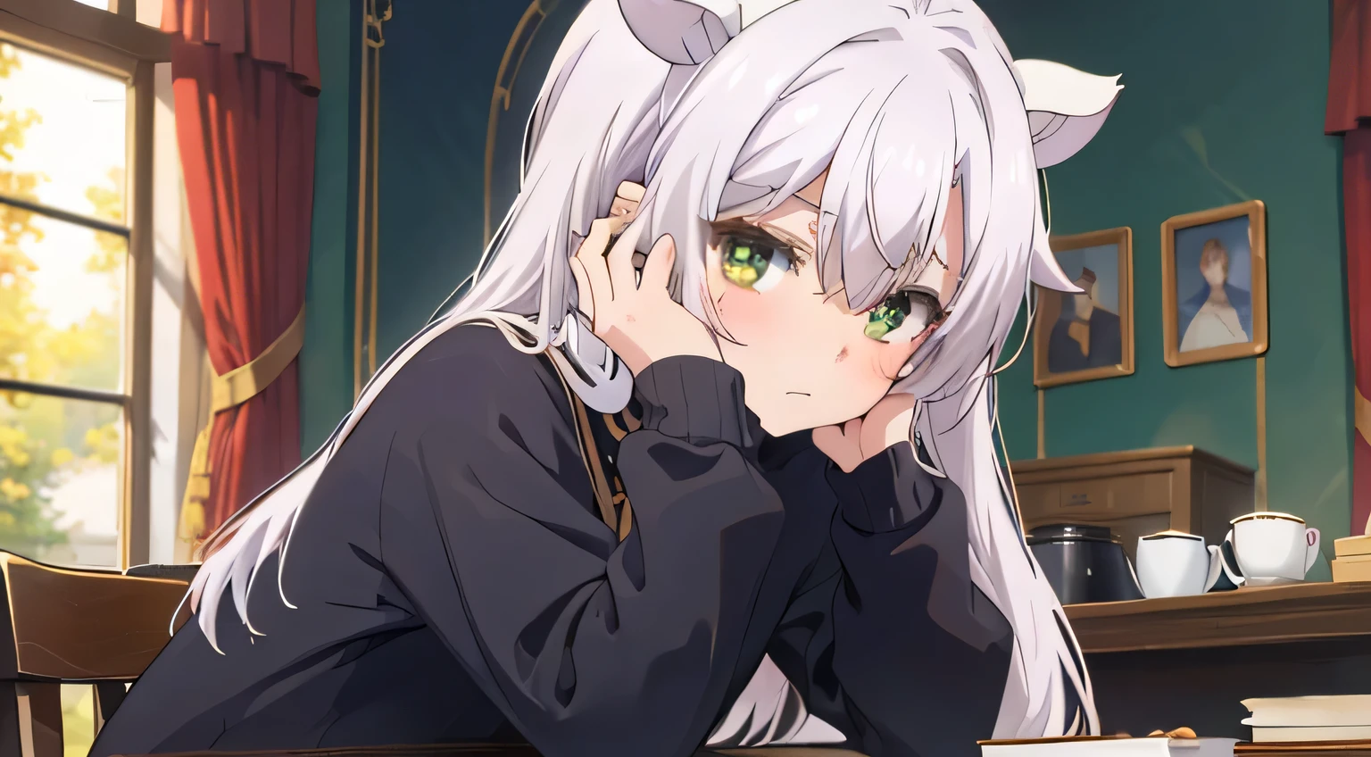 high res, masterpiece, Sistine Fibel, white hair, cat ears, green eyes, solo, 1girl, cute, detailed eyes, holding a hand of a boy, boy with red hair and black sweater, worried expression