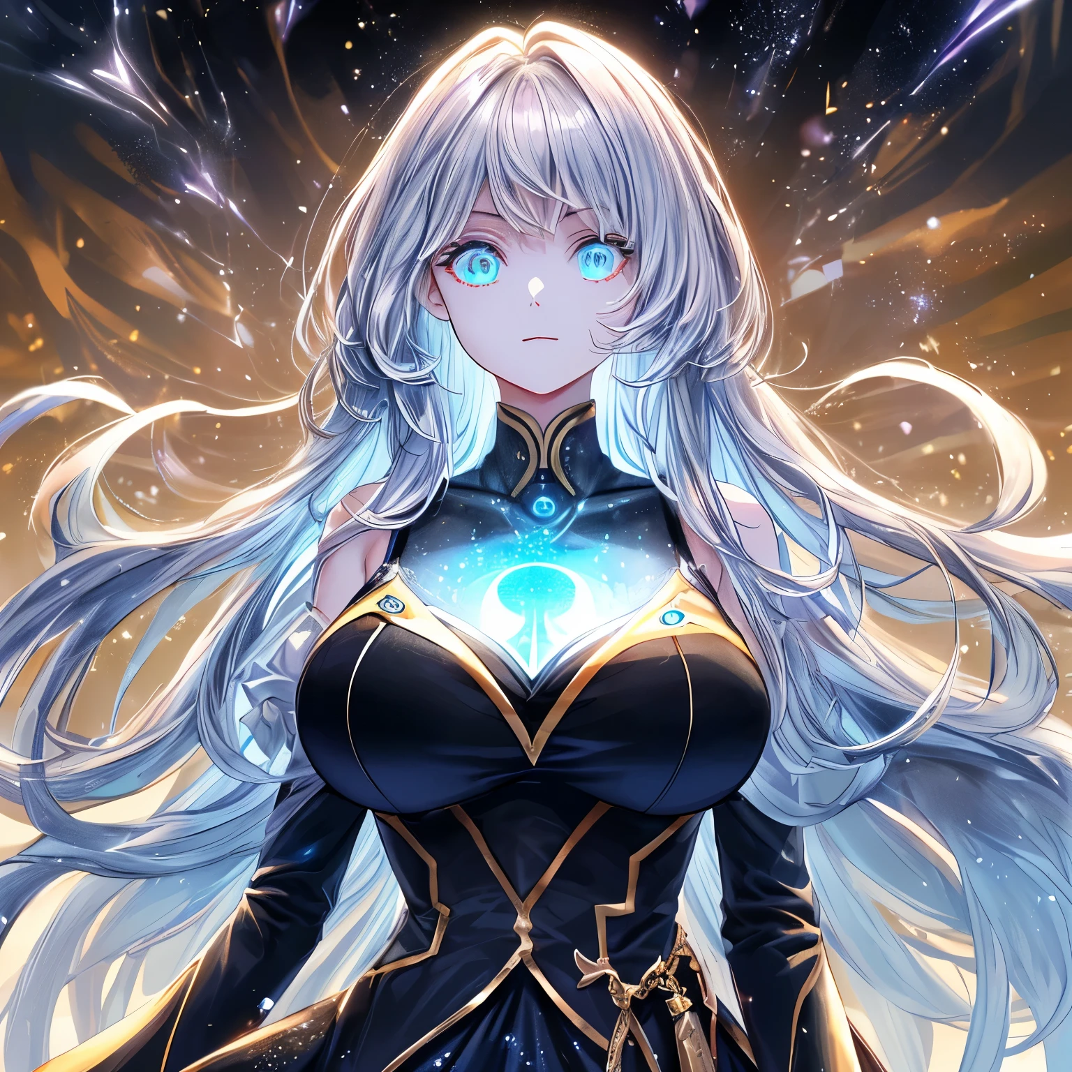 ((tmasterpiece)), (Best quality at best), (Detailed pubic hair), (1个Giant Breast Girl), (Internal data flow) Light blue gradient hair, light blue glowing eyes, hair straight, Wearing a modern white shirt and black dress, Covered by data particles, Lock around the neck