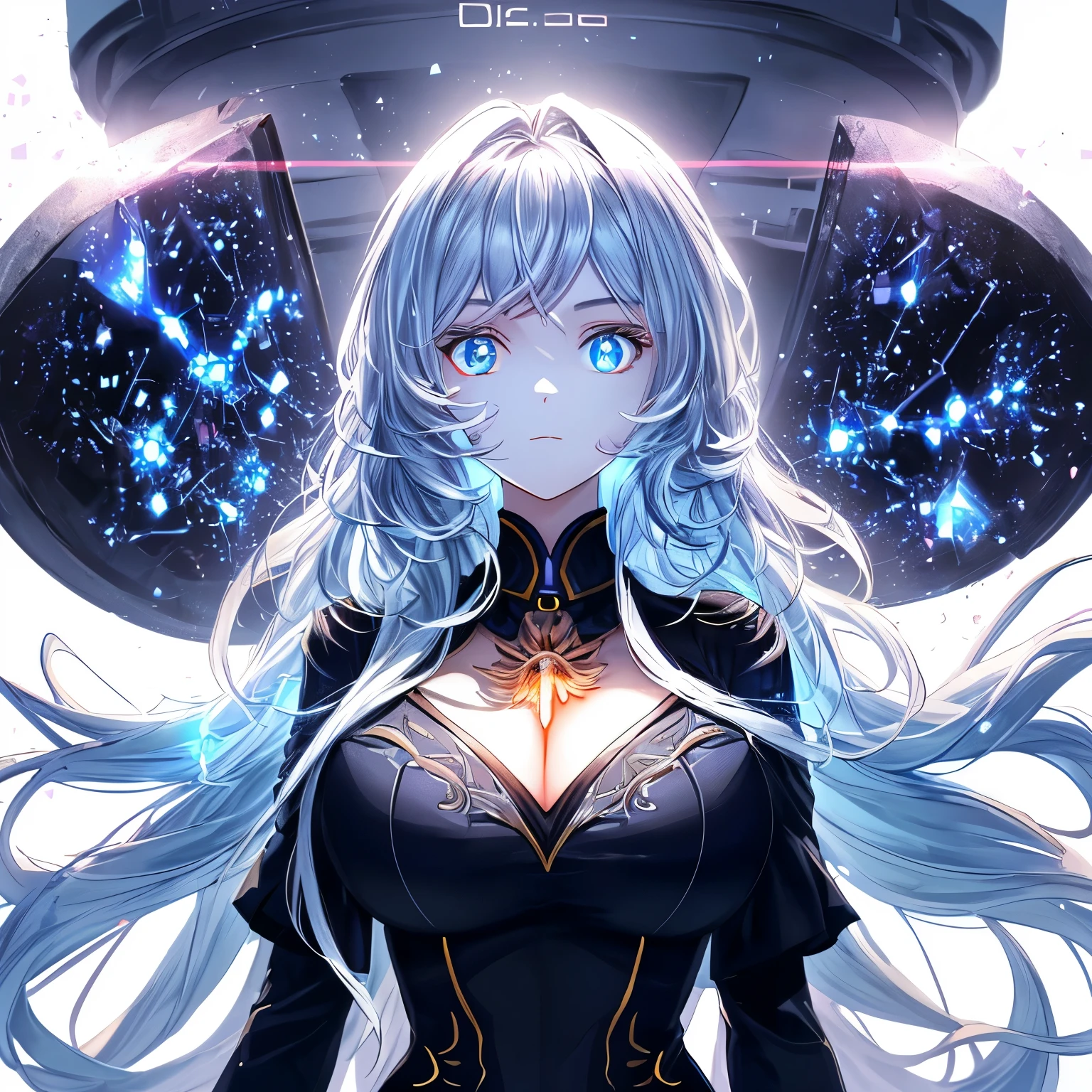 ((tmasterpiece)), (Best quality at best), (Detailed pubic hair), (1个Giant Breast Girl), (Internal data flow) Light blue gradient hair, light blue glowing eyes, hair straight, Wearing a modern white shirt and black dress, Covered by data particles, Lock around the neck