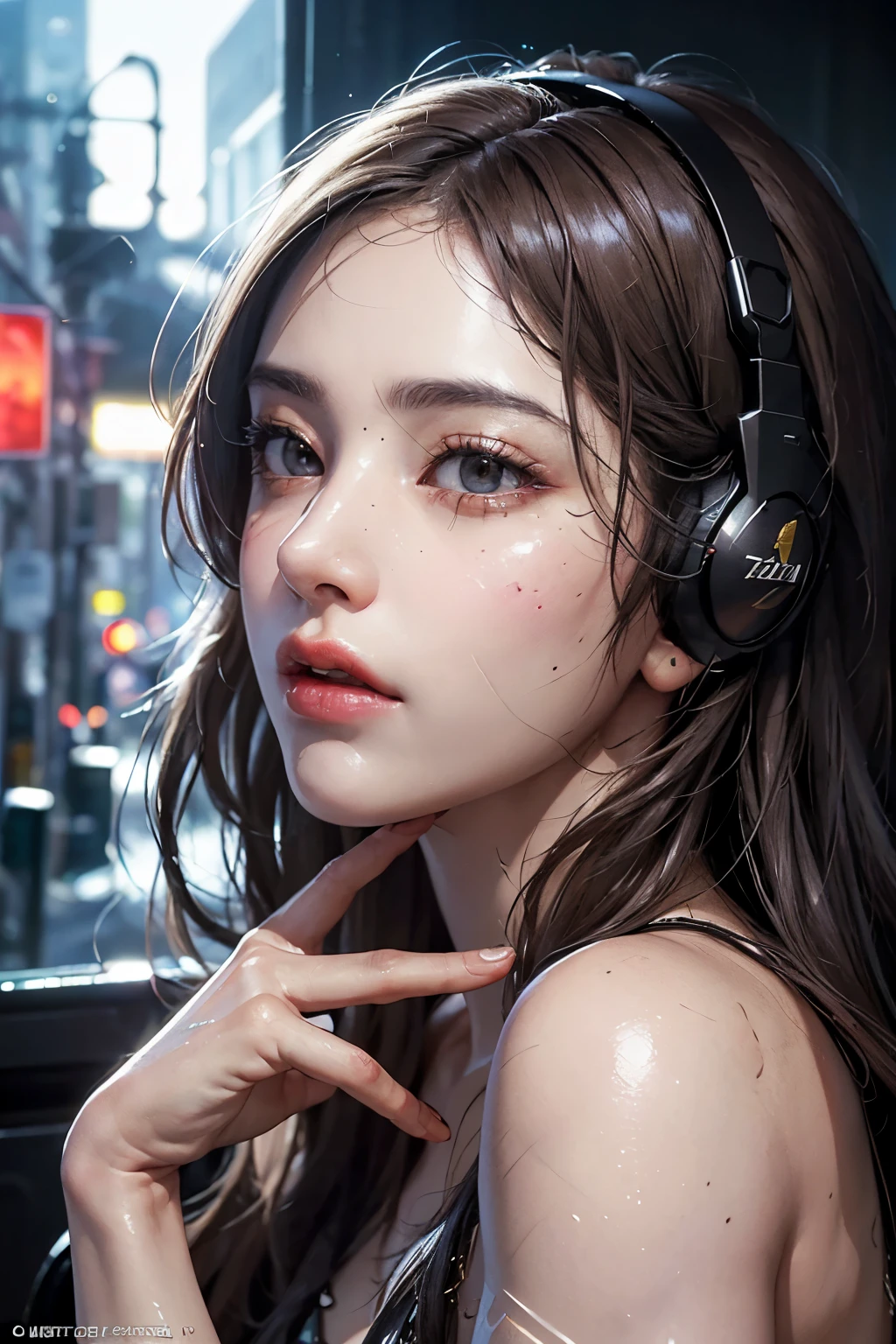 RAW, (8k, best quality, masterpiece: 1.2), (complex detail: 1.4), (photorealism: 1.4), octane rendering, complex 3d rendering super fine, studio soft light, edge light, vibrant detail, super fine, (realistic skin texture: 2), beautiful delicate face, beautiful delicate eyes, extremely detailed CG uniform 8k wallpaper, makeup, (perfect anatomy), (epic), (masterpiece, top quality, best quality, official art, Aesthetics and aesthetics: 1.2), very detailed, colorful, highest detail (super detail)), (highly detailed CG illustration), (very delicate and beautiful), (viewed from the side), cinematic light, city, 1 girl, solo, headphones, cyberpunk