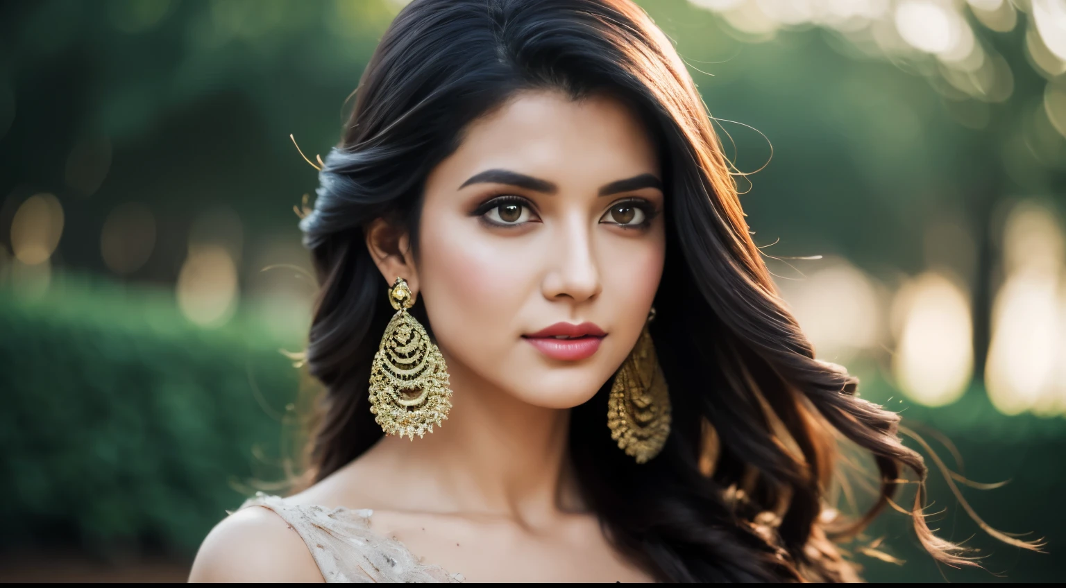 side topless photo of A confident-looking indian woman, kamasutra princess with long flowing hair, hazel eyes, wearing designer jewellery, visible c-cup breast sitting on royal garden, palace background, bokeh perfect composition, hyperrealistic, super detailed, 8k, high quality, trending art, trending on artstation, sharp focus, photo shoot, intricate details, highly detailed, art by greg rutkowski