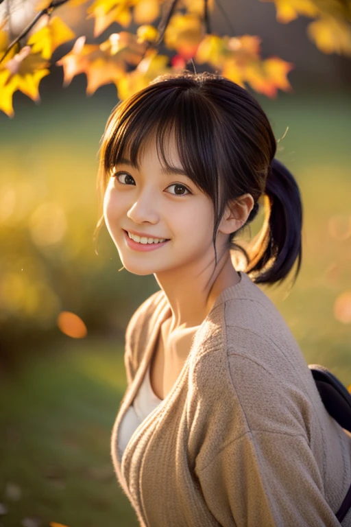 (((masterpiece))), (One beautiful Japan girl, classmates, landscape and innocence,kawaii) ,超A high resolution, Realistic, ultra-detailliert, 8K,top-quality, Extremely detailed, Detailed background,A slender,very beautiful japanese girl, Detailed face:1.3),realisticlying、(10 years old female child)、Gather your hair into two buns,Outdoor Fashion、Emphasis on backward buttocks、Dynamic close-up looking up from under a ginkgo tree、Beautiful autumn leaves、Slightly larger breasts with an emphasis on cleavage、Versatile sexy poses、The sky turns red at sunset、Face smile