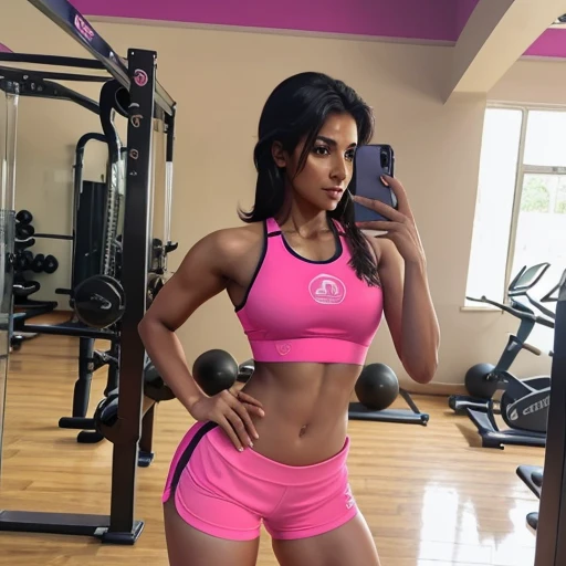 a woman taking a selfie in a gym, gym, training bra, indian girl with brown skin, in a gym, sport bra and shirt, wearing a pink cropped tank top, indian super model, wearing fitness gear, attractive sporty physique, sports bra, dayanita singh, hindi text, beautiful woman body, sport bra and shorts, wearing bra, fit curvy physique